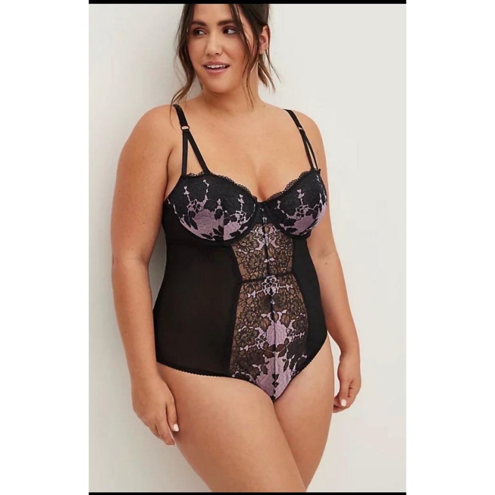 Torrid Womens Black Lavender Floral Lace Underwire Mesh Bodysuit Lingerie 2X